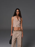 SMFK Slim Leather Belt with Cross Buckle in Brown - On Female Model