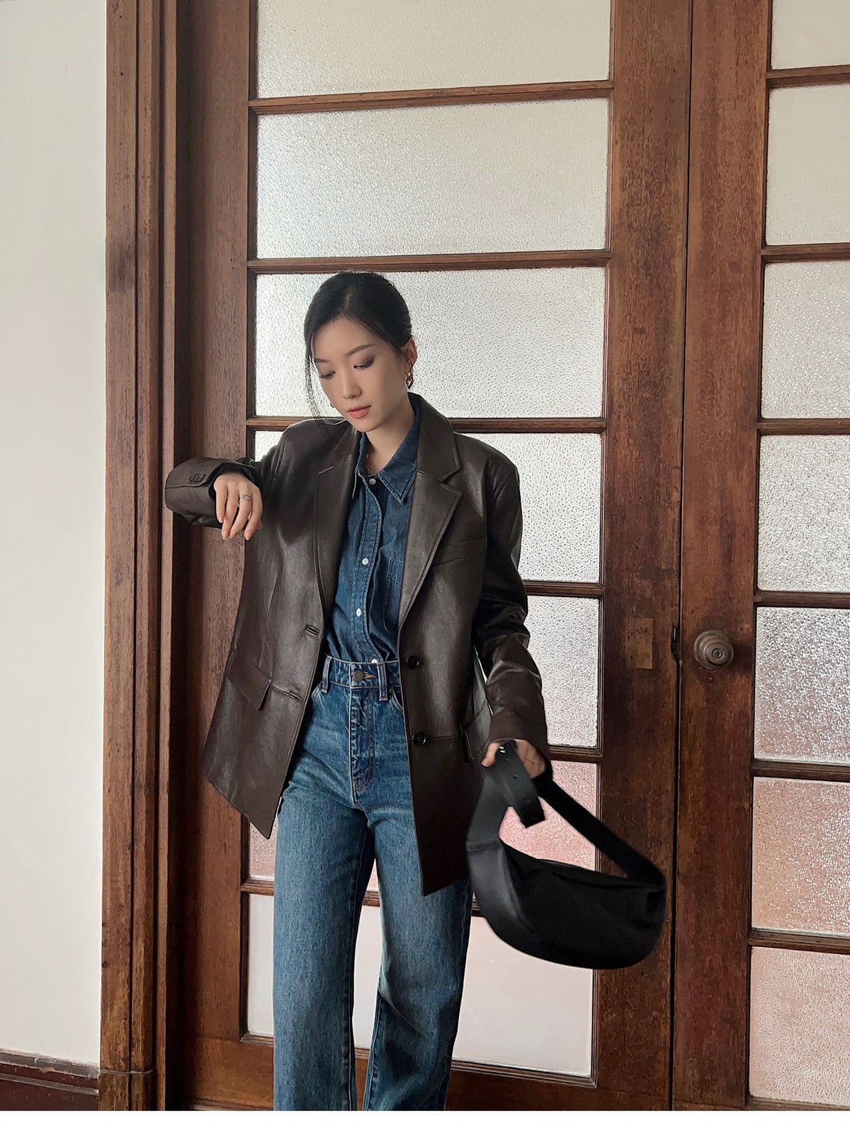 MSBEAST Vegetable Tanned Sheepskin Blazer in Brown - On Female Model