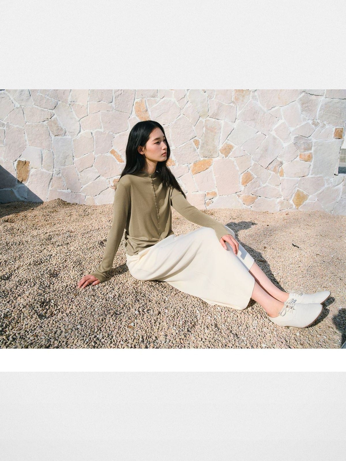 TEASEL Worsted Wool Mock Neck Cardigan in Beige - On Female Model