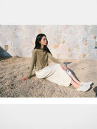 TEASEL Worsted Wool Mock Neck Cardigan in Beige - On Female Model