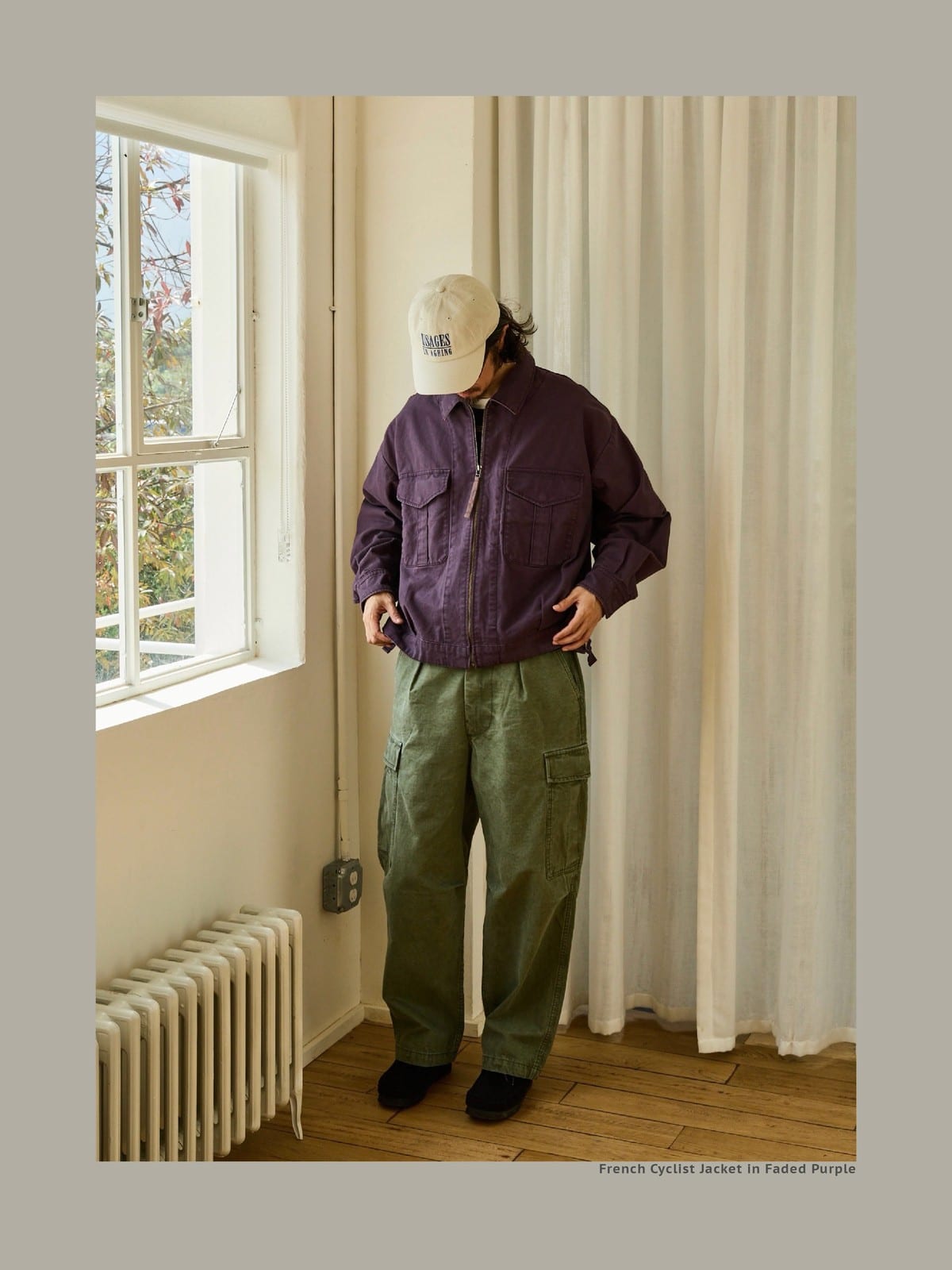 USAGE Heavyweight Canvas Cropped Workwear Jacket in Purple - On Male Model