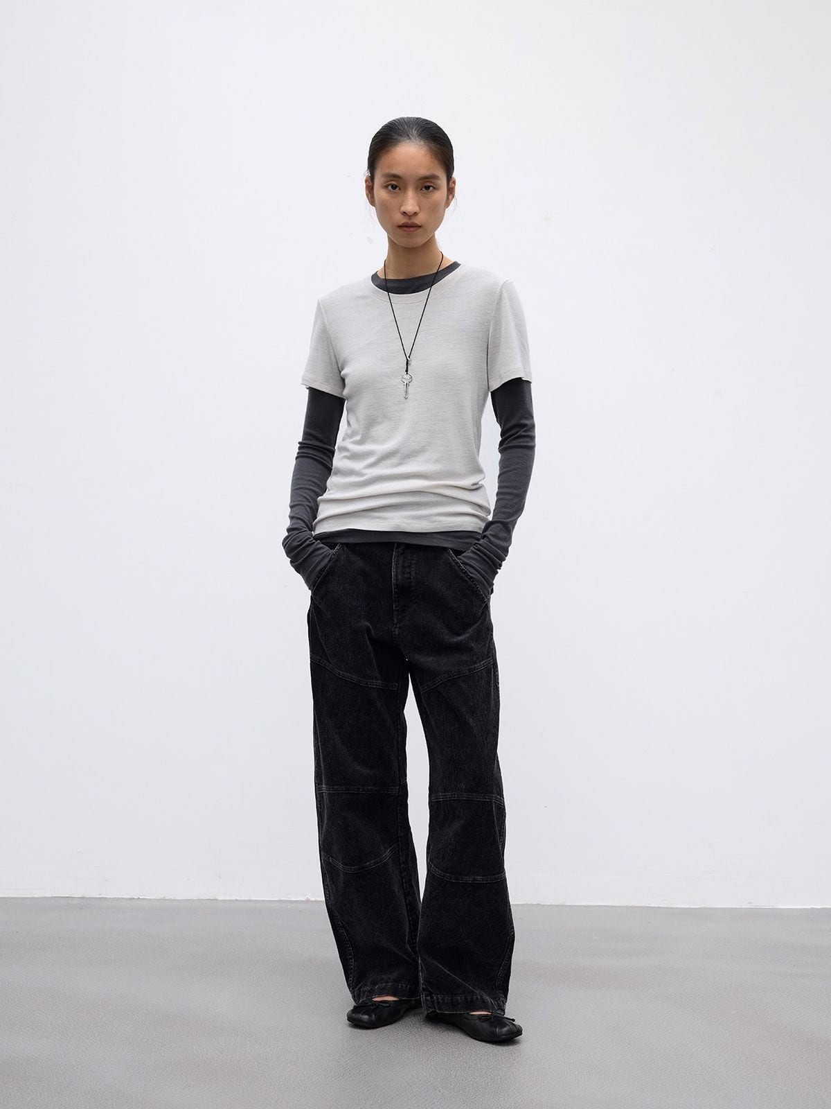 Random Piece Merino Wool U Neck Short Sleeve T Shirt in Light Gray - On Female Model