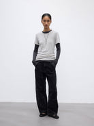 Random Piece Merino Wool U Neck Short Sleeve T Shirt in Light Gray - On Female Model