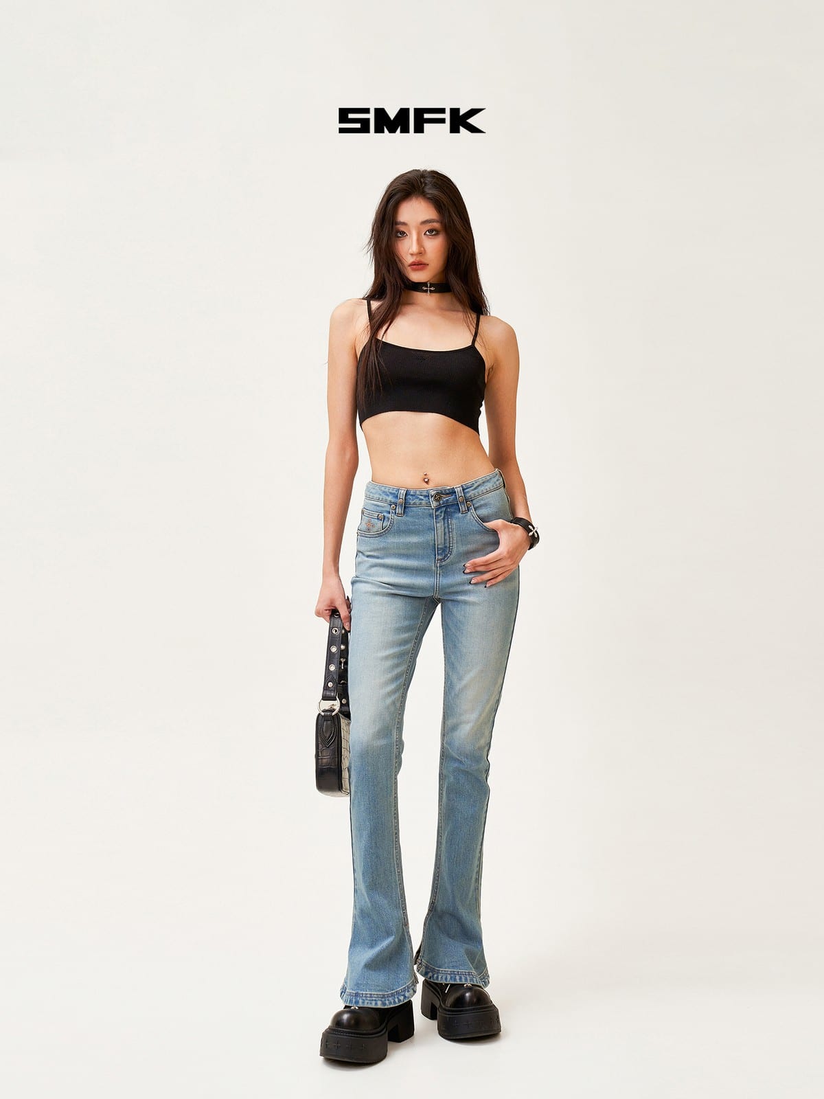 SMFK High Waisted Horseshoe Flare Jeans in Blue - On Female Model