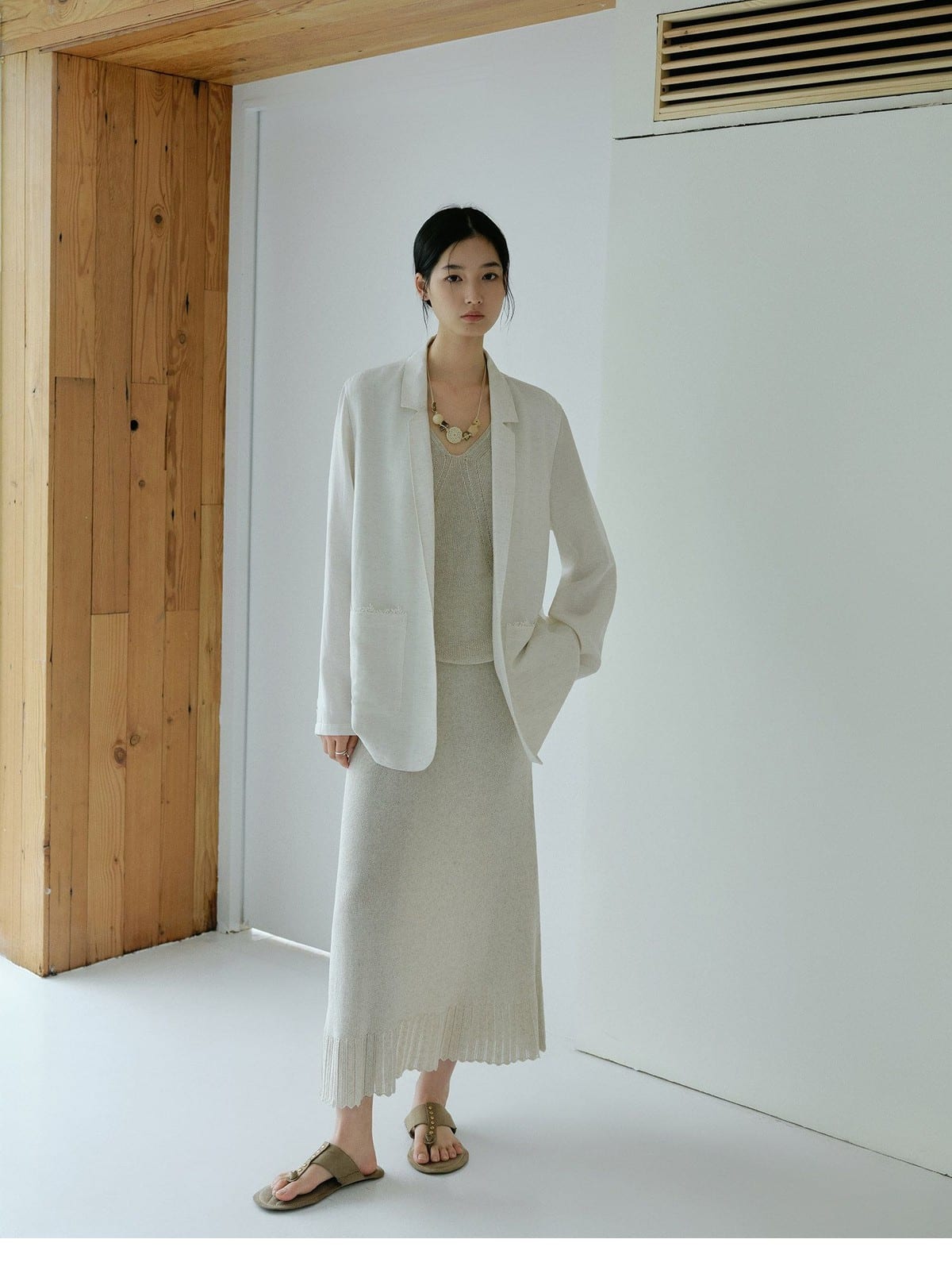 TEASEL Lyocell Blend Blazer Trouser Set in White - On Female Model