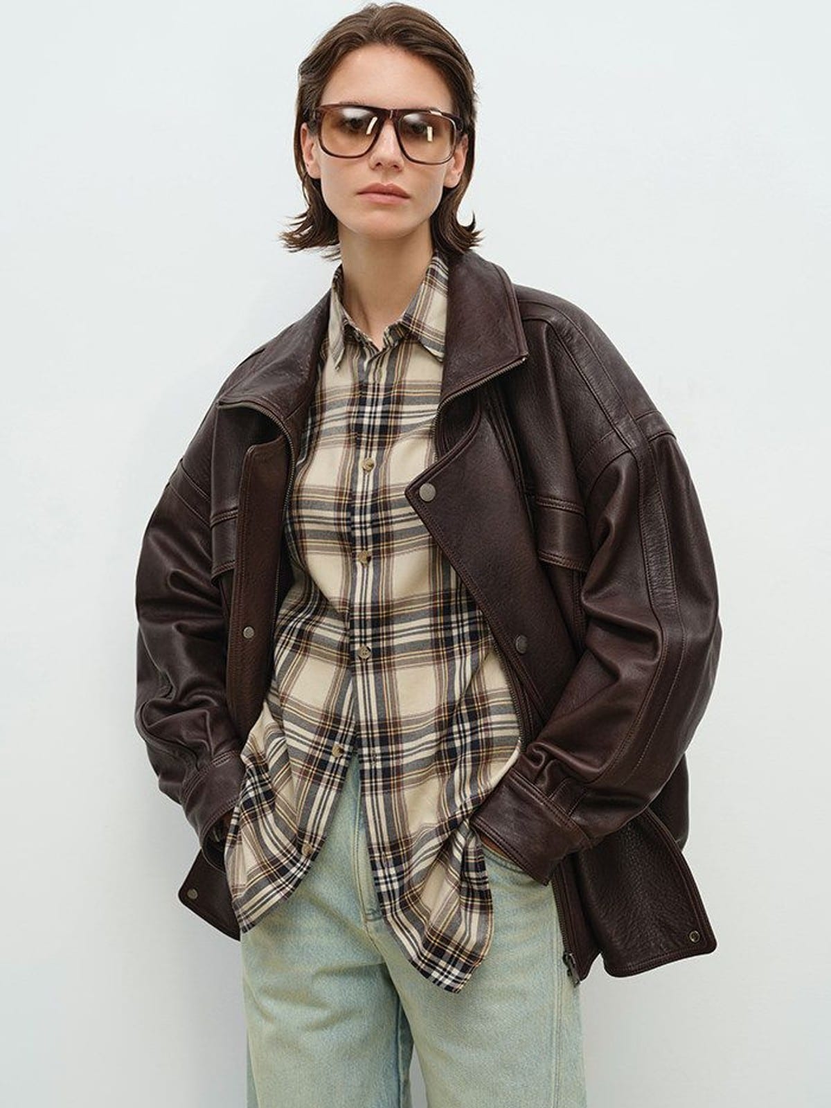 MSBEAST Stand Collar Textured Leather Jacket in Brown - On Female Model