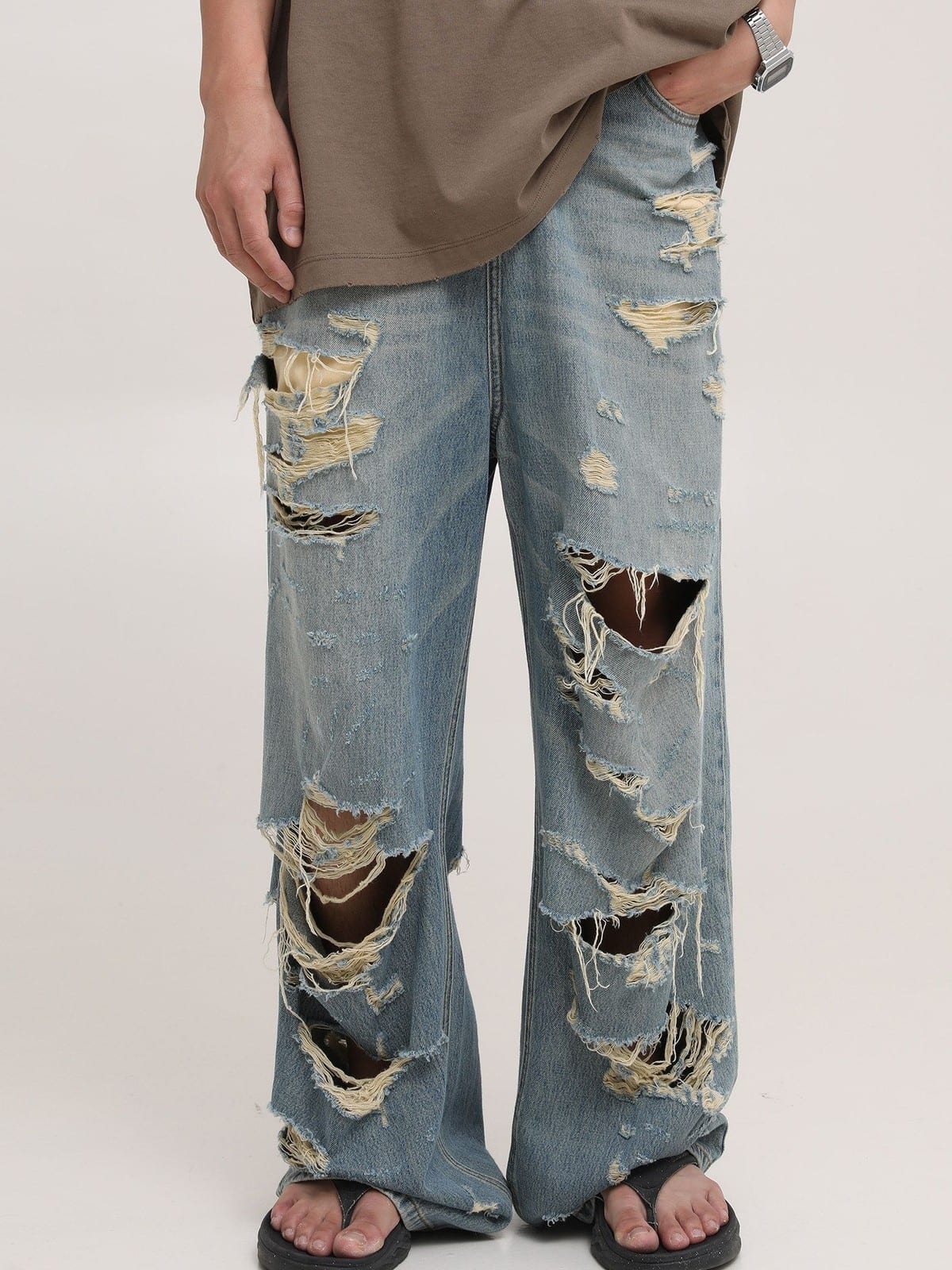 MASONPRINCE High Waisted Distressed Straight Leg Jeans in Blue - On Male Model