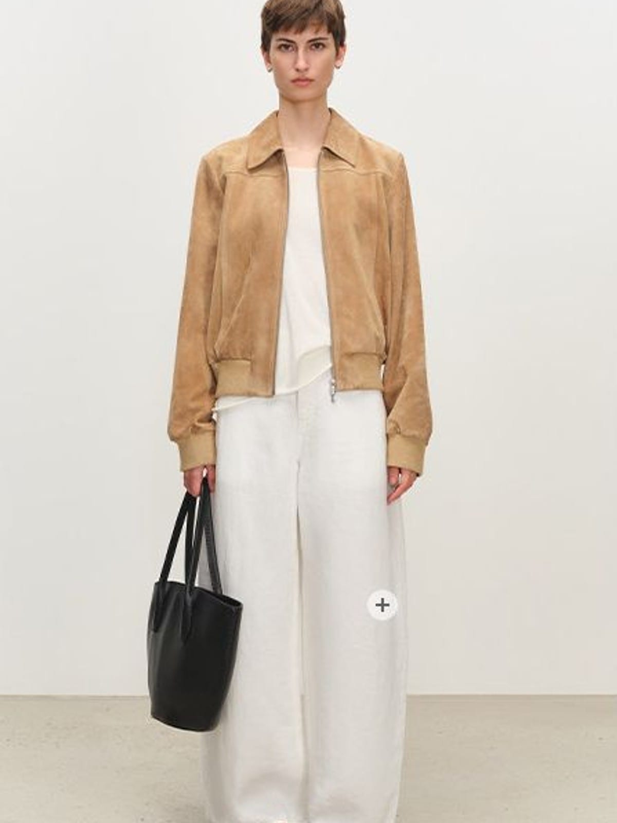 MSBEAST Top Grain Sheepskin Collared Bomber in Beige - On Female Model