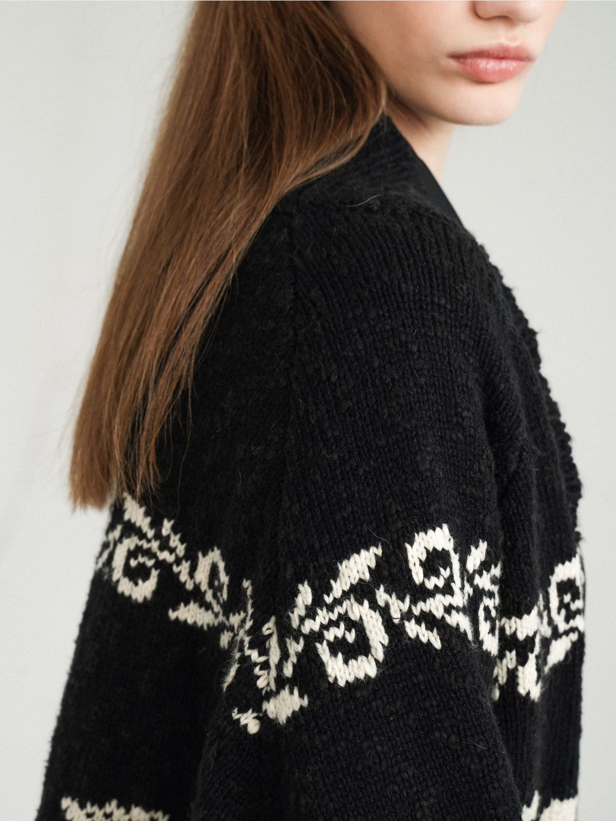 Retro 21 Western Jacquard Shawl Cardigan in White - On Female Model