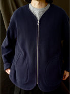 USAGE Heavyweight Waffle Knit Zip Cardigan in Navy Blue - On Male Model