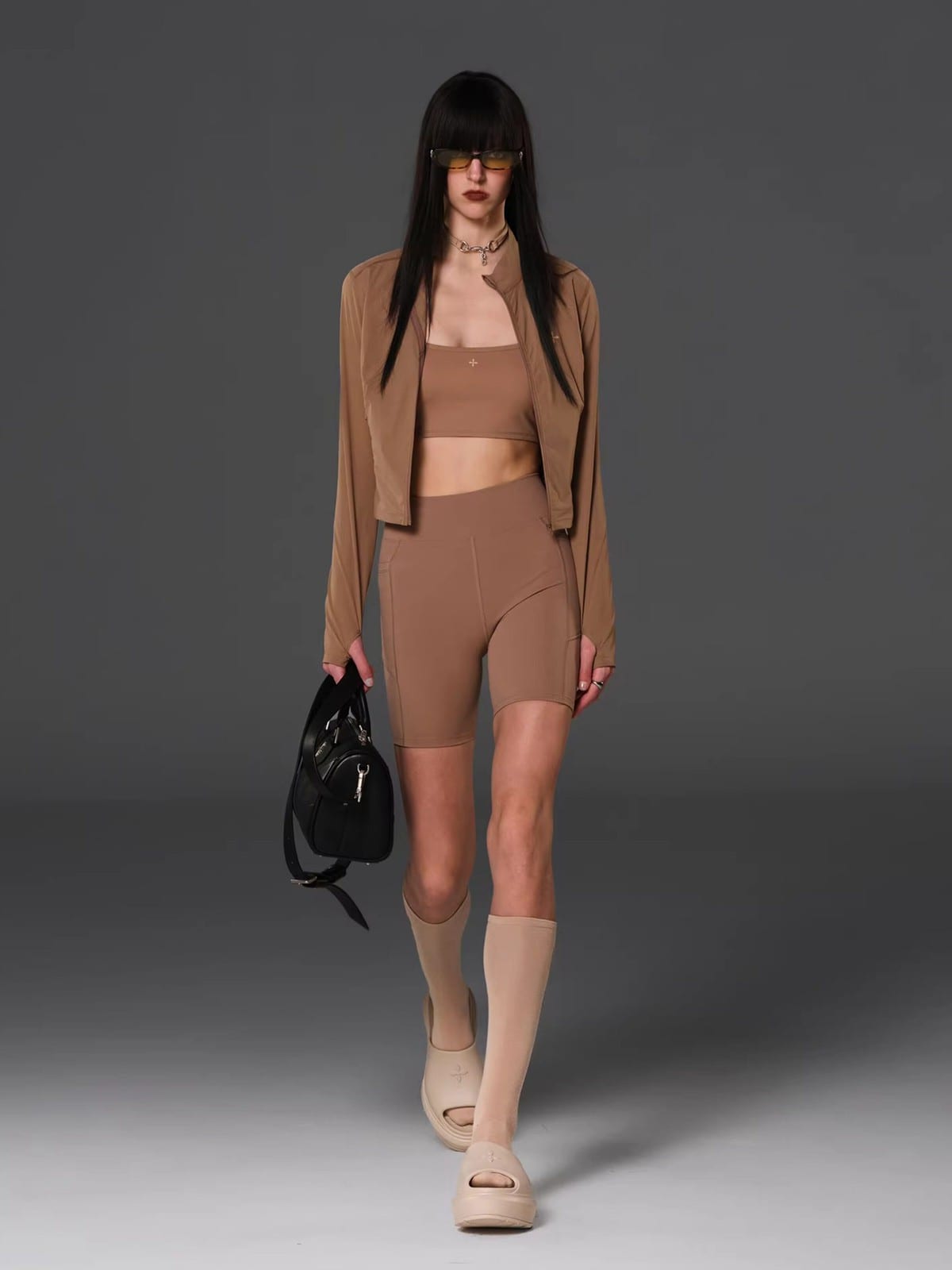 SMFK Cropped Zip Front Nylon Jacket in Brown - On Female Model