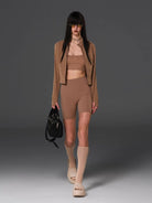SMFK Cropped Zip Front Nylon Jacket in Brown - On Female Model