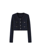 SweetChilling Textured Cropped Crew Neck Cardigan in Navy Blue
