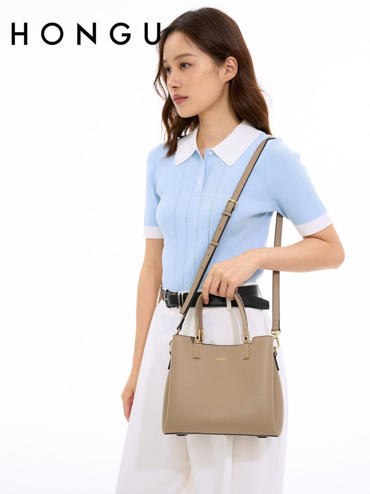 HONGU Split Cowhide Crossbody Handbag in Beige - On Female Model