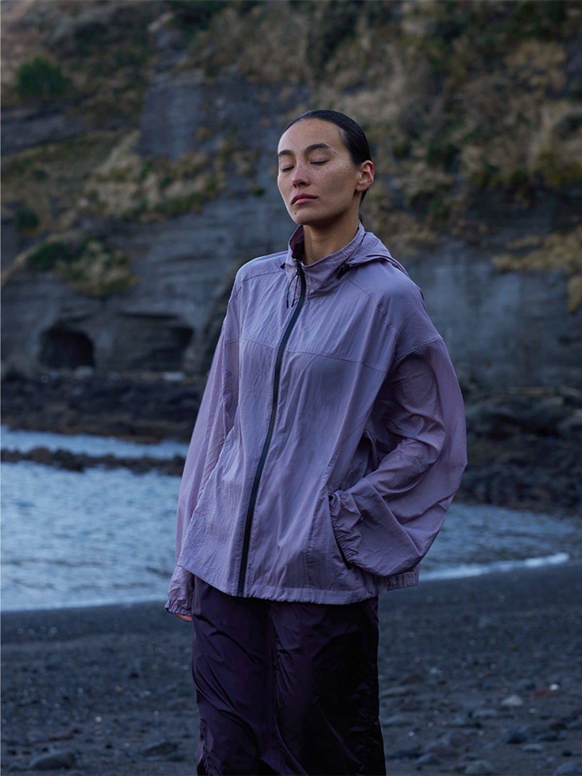 Random Piece Lightweight Cropped Hooded Nylon Jacket in Lavender - On Female Model