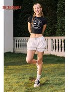 BeerBro Schnauzer Rhinestone Cropped Tee in Black - On Female Model
