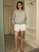 RARELY ALIKE Cinched Waist Logo Zip Up Hoodie in Gray - On Female Model