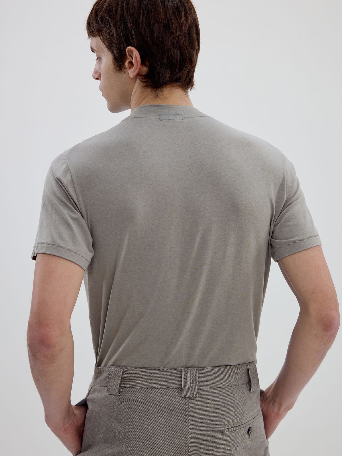 SIMPLE PROJECT Wool Blend Mock Neck T Shirt in Gray - On Male Model