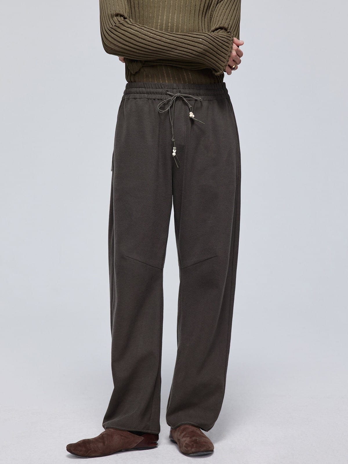 SIMPLE PROJECT Wooden Bead Drawstring Sweatpants in Gray - On Model