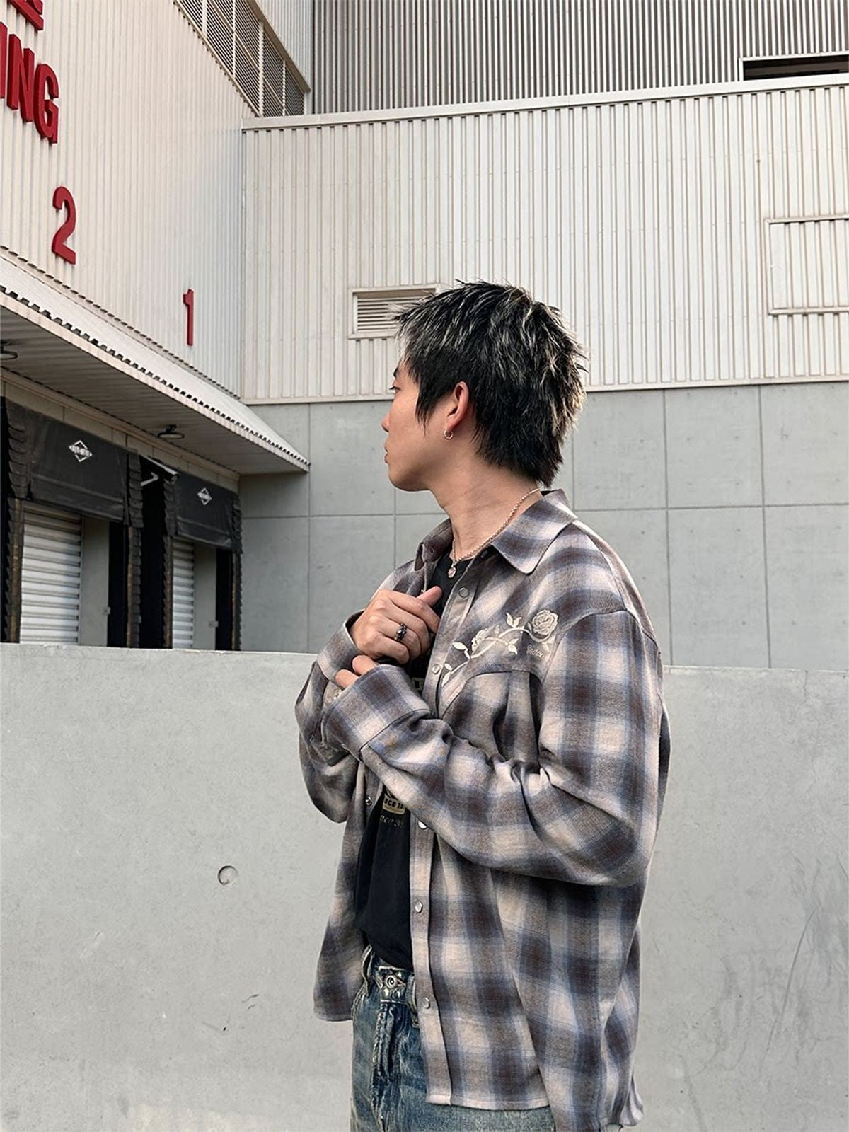 SOD Embroidered Plaid Western Shirt in Gray - On Male Model