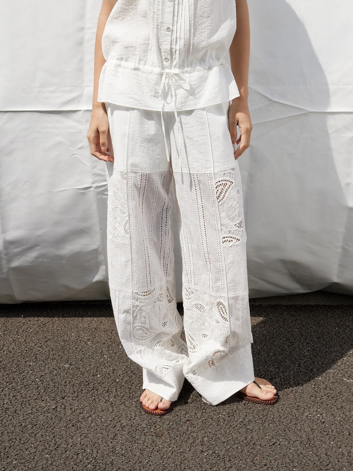 Random Piece Embroidered Cutout Wide Leg Pants in White - On Female Model