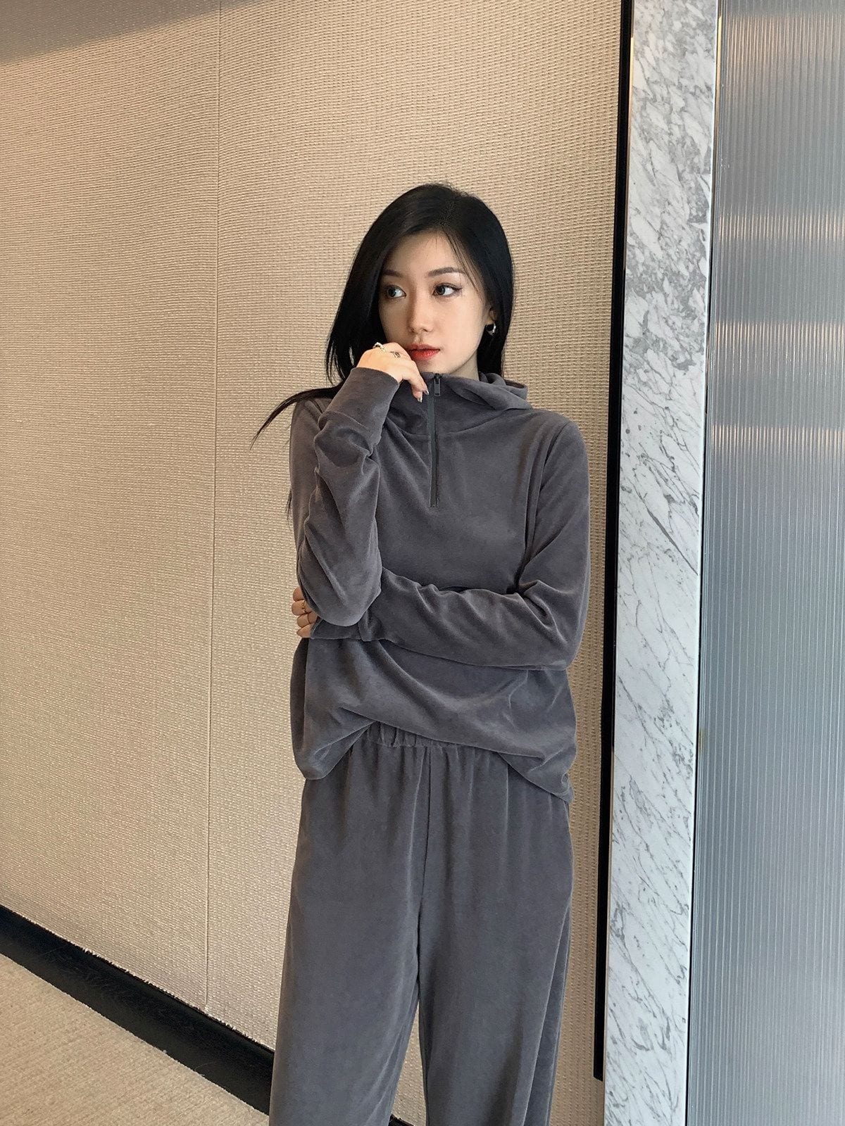 MSBEAST Half Zip Hoodie Wide Leg Pants Set in Gray - On Female Model
