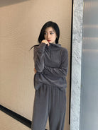 MSBEAST Half Zip Hoodie Wide Leg Pants Set in Gray - On Female Model