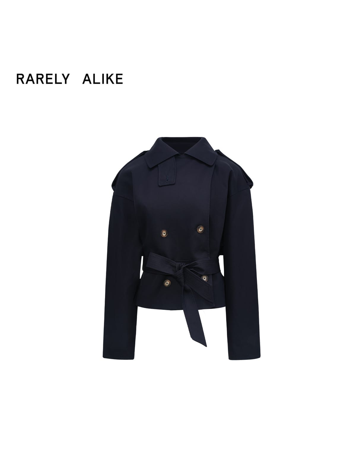 RARELY ALIKE Belted Cropped Trench Jacket in Navy Blue