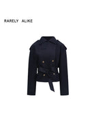 RARELY ALIKE Belted Cropped Trench Jacket in Navy Blue