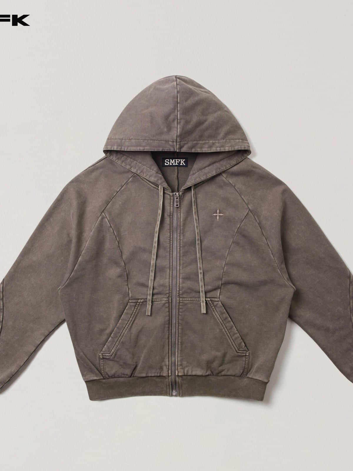 SMFK Washed Cotton Zip Up Hoodie in Dark Gray