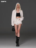 SMFK Cotton Blend Slim Zip Up Hoodie in White - On Female Model