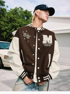MEDM Pearl Embellished Varsity Jacket in Brown - On Male Model