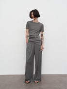 Random Piece Asymmetrical Pleated Silk Blend T Shirt in Gray - On Female Model