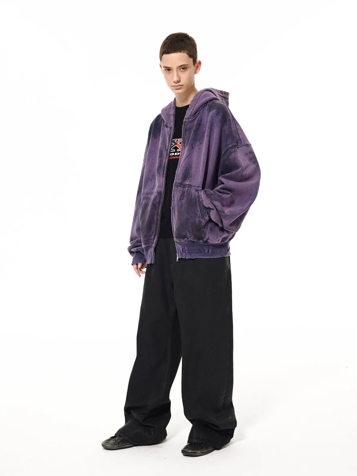 UNKNOWNWORLD Mud Dyed Zip Up Hoodie in Purple - On Model