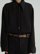 JCAESAR STUDIO Striped Pleated Pointed Collar Shirt in Black - On Model