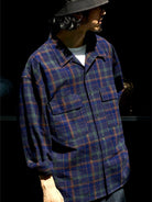 USAGE Washed Crinkle Plaid Open Collar Shirt in Navy Blue - On Male Model
