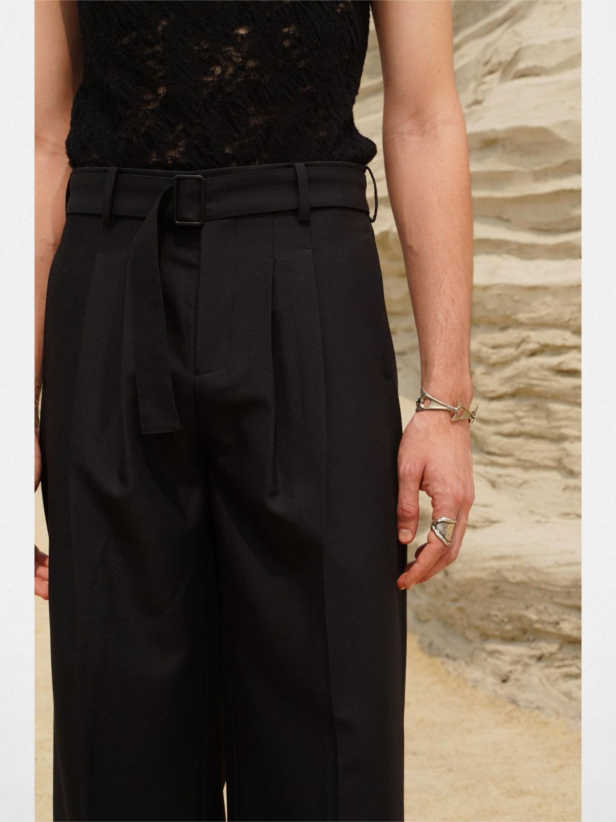 Retro 21 Pleated Straight Leg Trousers in Black - On Male Model