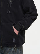 BLINDNOPLAN Washed Distressed Graphic Zip Hoodie in Black - On Model