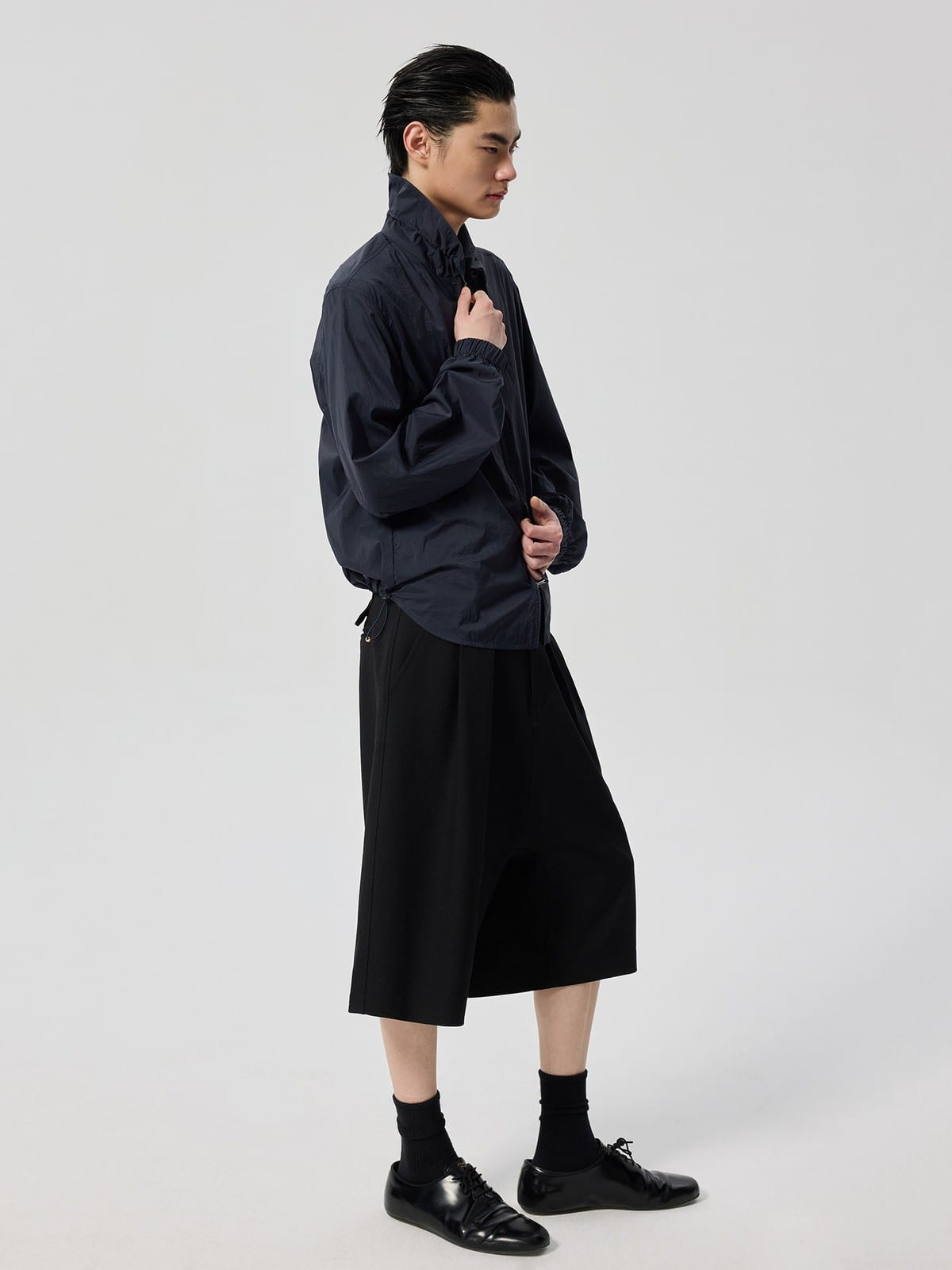 SIMPLE PROJECT Sheer Nylon UV Protection Shirt in Navy Blue - On Male Model