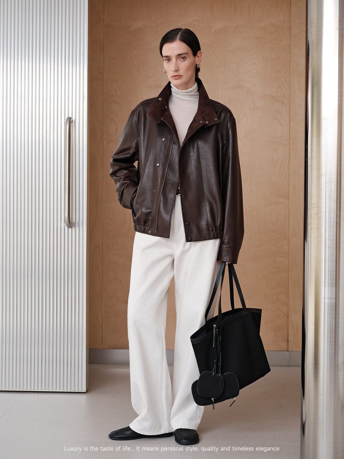 MSBEAST Suede Paneled Sheepskin Jacket in Coffee - On Female Model