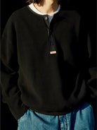 USAGE Heavyweight Waffle Knit Henley Sweatshirt in Black - On Male Model