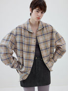 SIMPLE PROJECT Shawl Collar Crinkled Plaid Shirt in Khaki - On Female Model