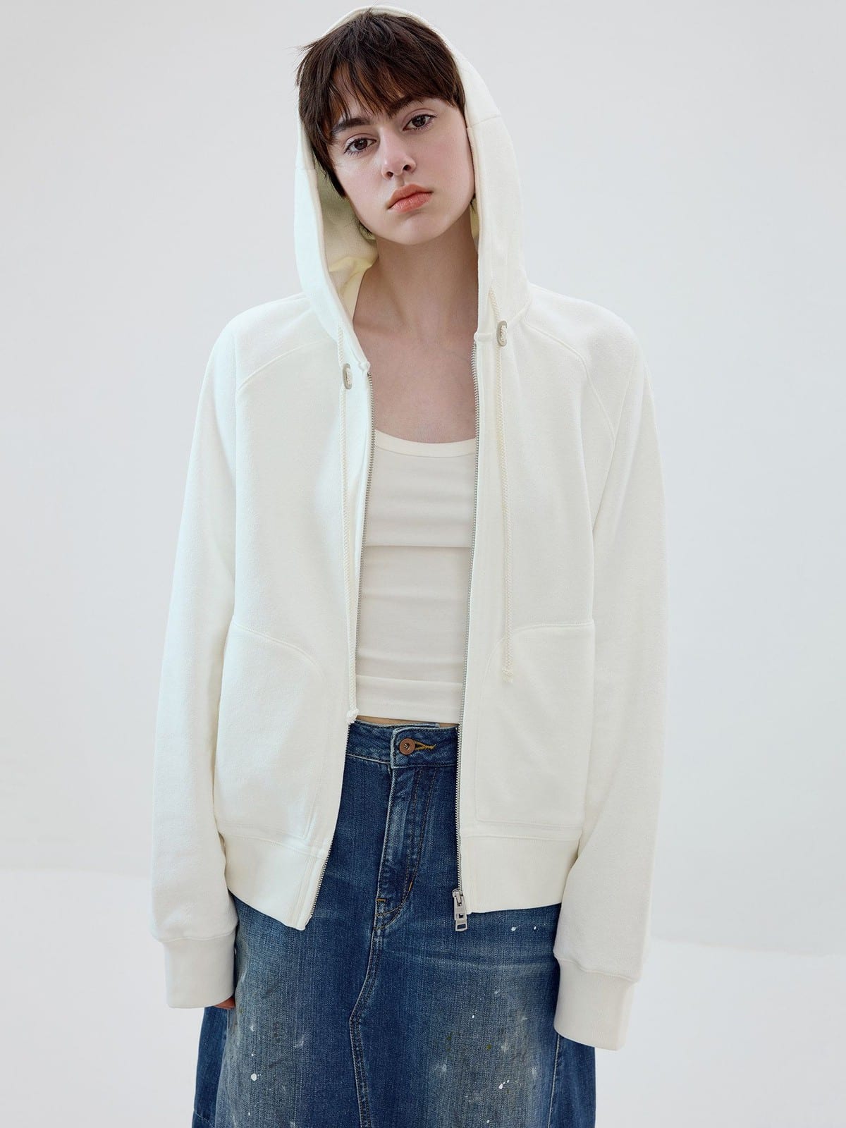 SIMPLE PROJECT Cotton Blend Zip Up Hoodie in White - On Female Model