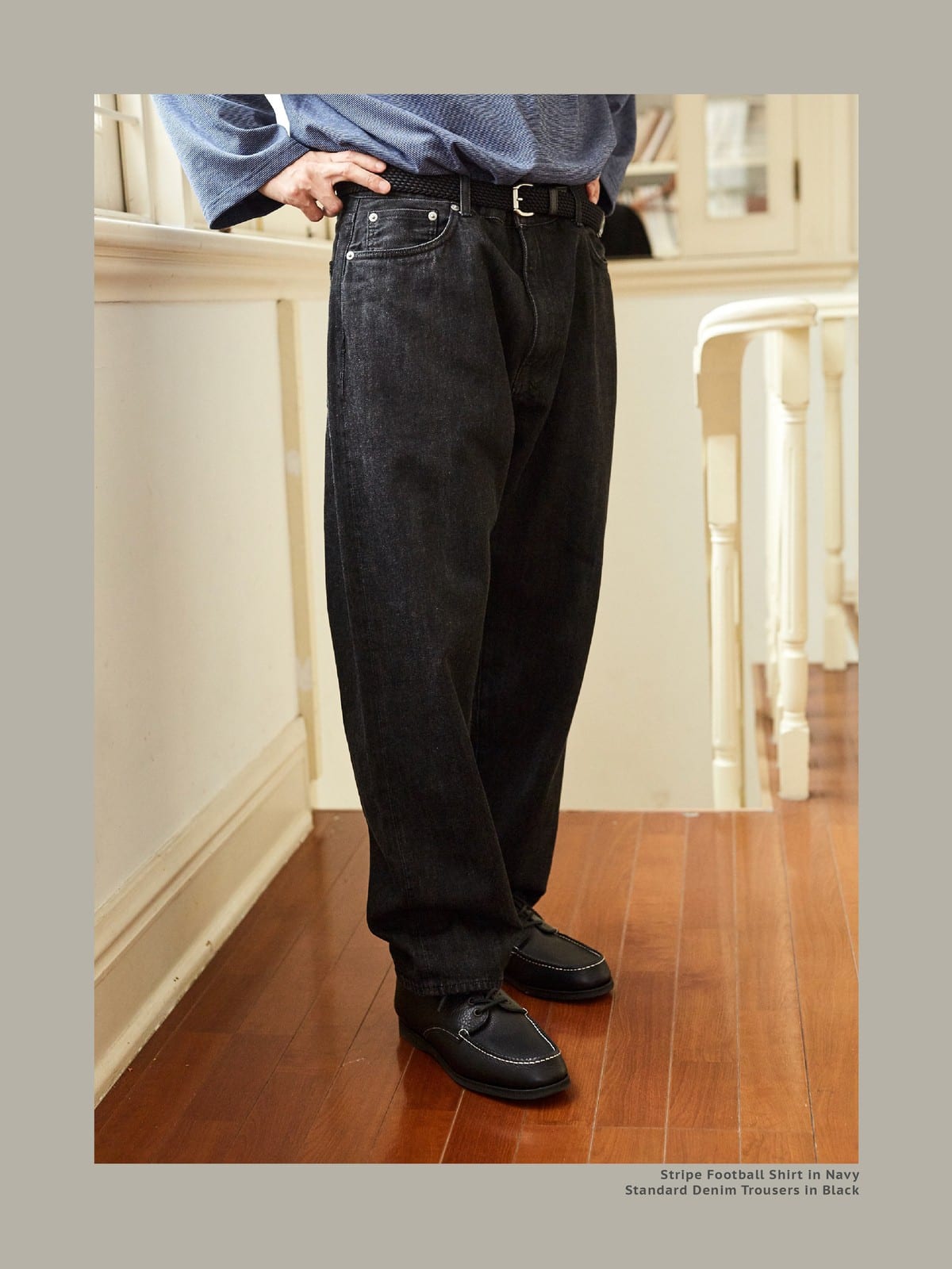 USAGE Heavily Washed Selvedge Denim Jeans in Black - On Male Model