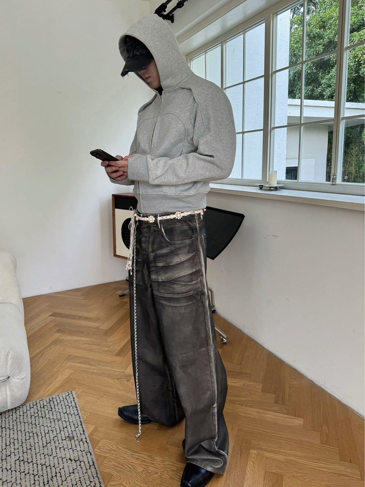 JCAESAR STUDIO Arch Panel Zip Up Hoodie in Dark Gray - On Male Model