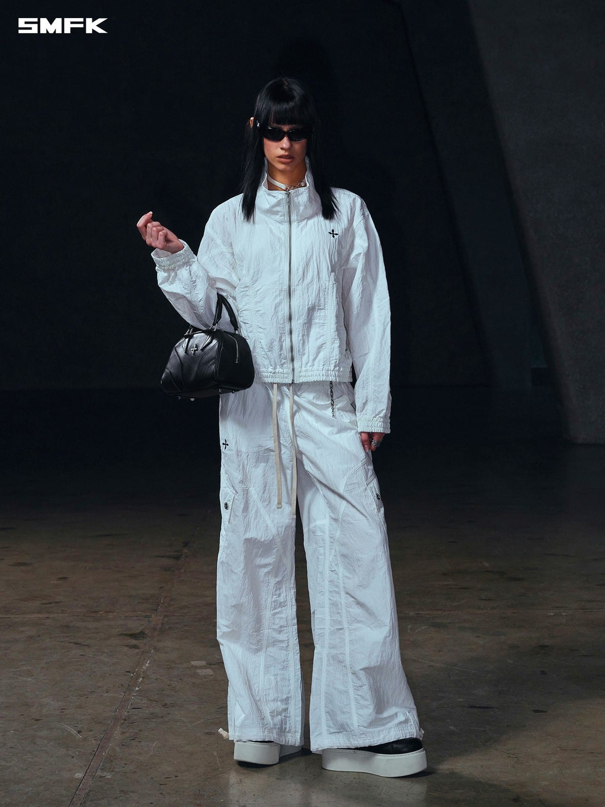 SMFK Zip Up Polyamide Track Jacket in White - On Female Model