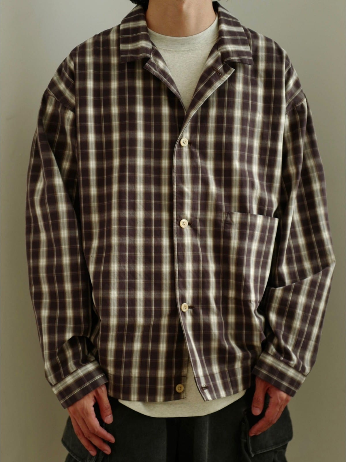 USAGE Gradient Plaid Cotton Blouson in Brown - On Male Model