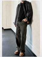 Roolrren homme Vegetable Tanned Sheepskin Shirt Jacket in Black - On Male Model