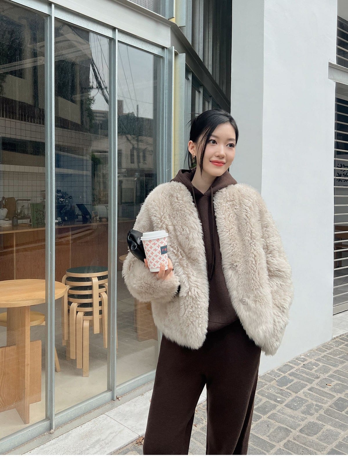 MSBEAST Merino Wool Hoodie Jogger Set in Brown - On Female Model