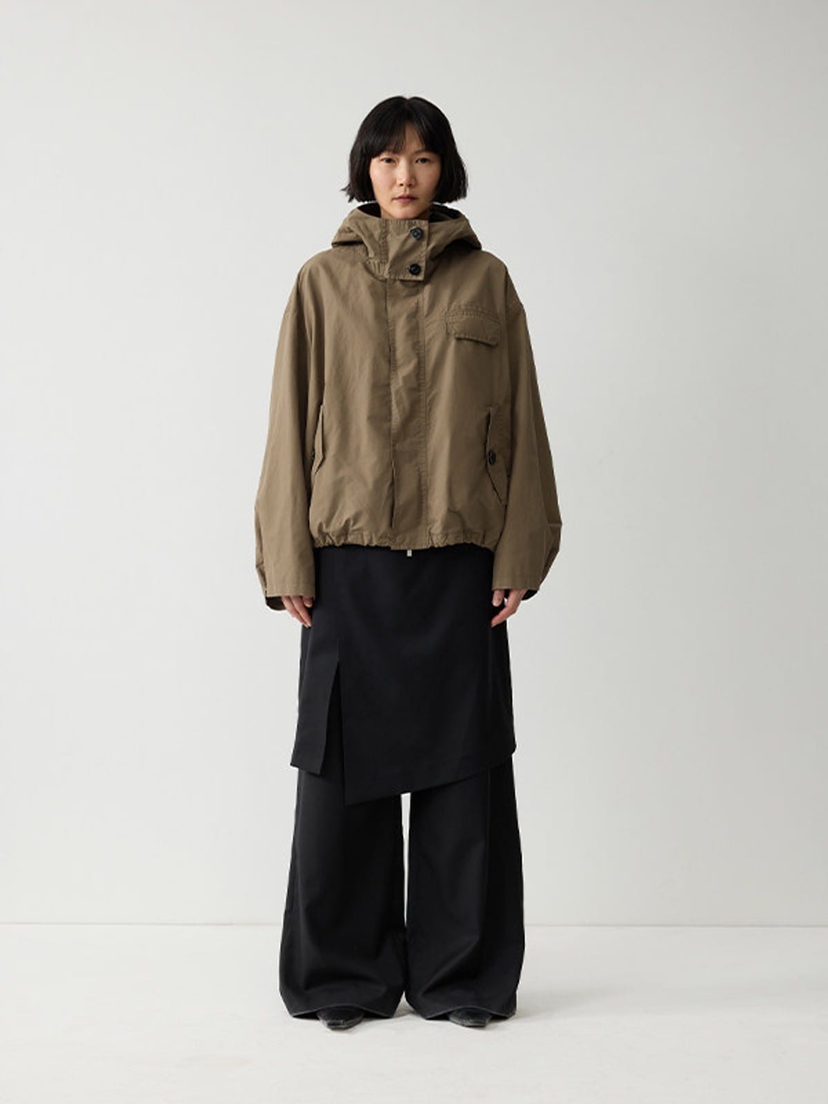 Random Piece Cotton Blend Cropped Drawstring Jacket in Beige - On Female Model